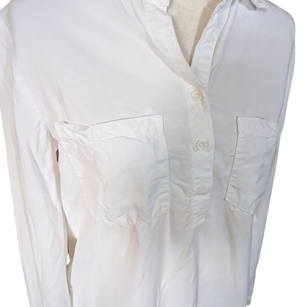 Side Stitch White button Placket Shirt Tencel Chest Pockets Tab Sleeves Sz S - Picture 3 of 10